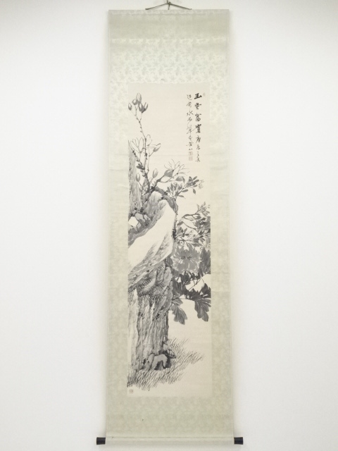 庚辰（1880年）　安田老山筆　玉棠富貴図　肉筆紙本掛軸（箱付）